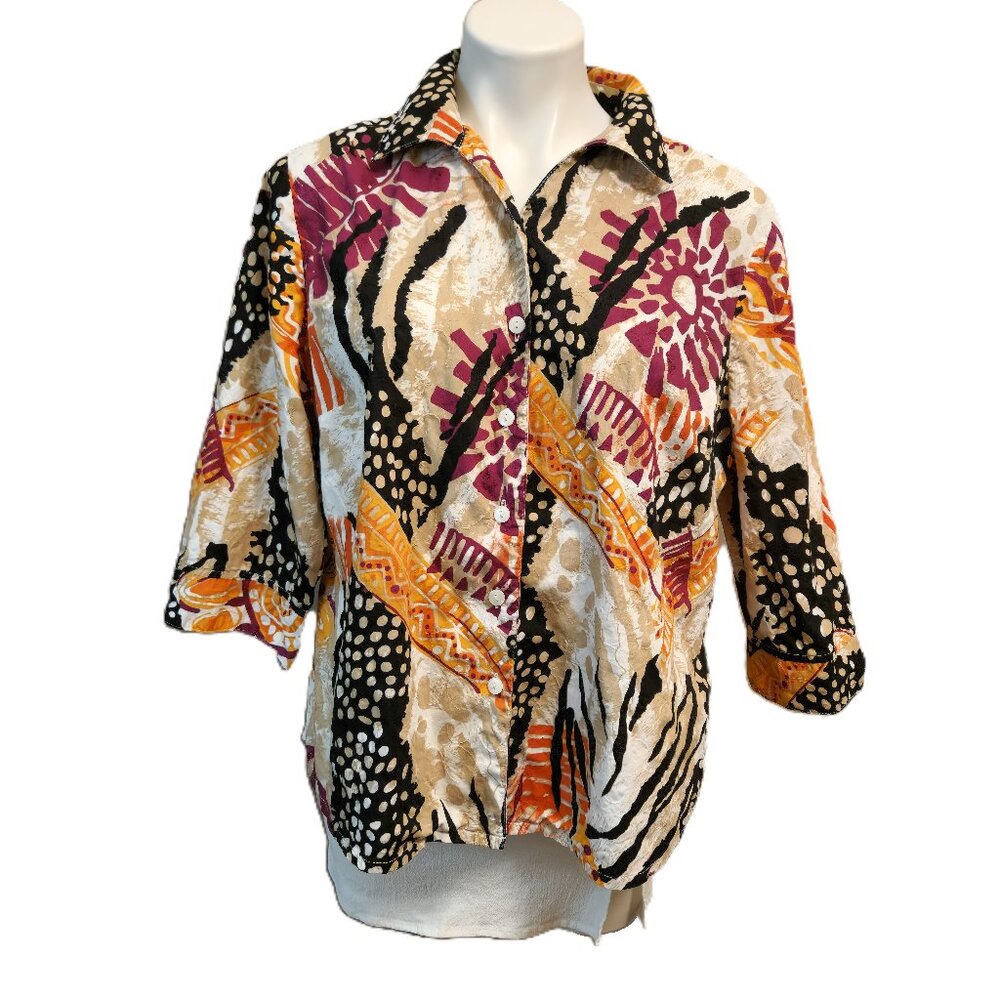 ❤️ 4/$20 Kim Rogers Women's 14P Earthy button-up shirt 3/4 sleeves 100% cotton